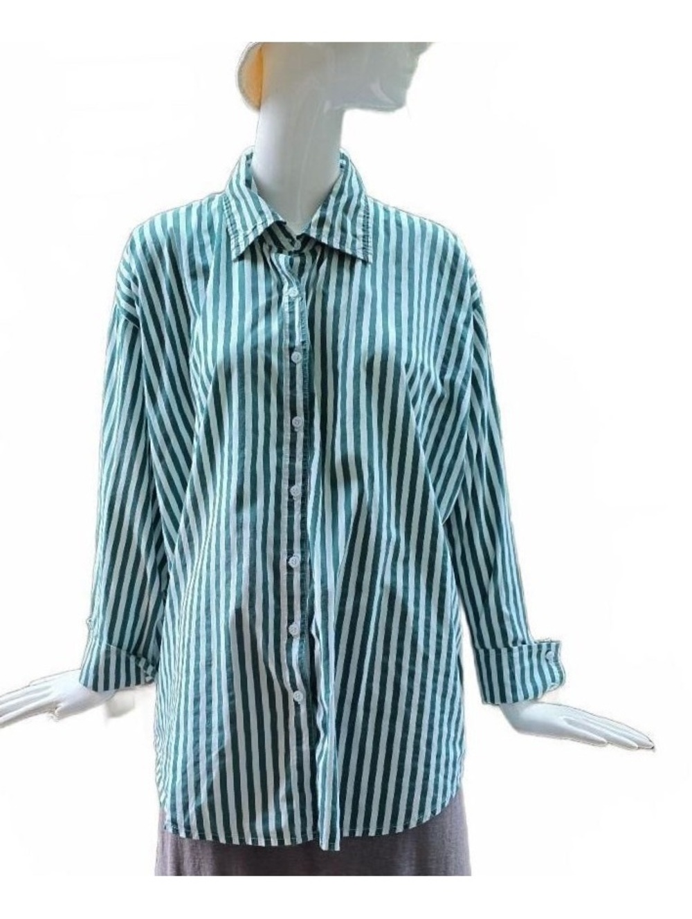 Brunette The Label Oversized Green Striped Button Down Cotton Shirt Sm/Med